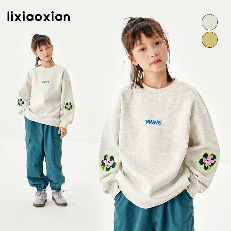 梨小闲秋冬女童加绒休闲花朵卫衣