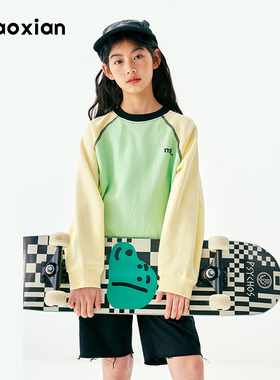 梨小闲原创女童落肩宽松卫衣春秋款中大童棉休闲撞色上衣T恤