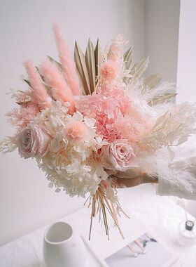 真花干花花束桌面摆件芦苇羽毛永生花玫瑰家居装饰满天星花束ins