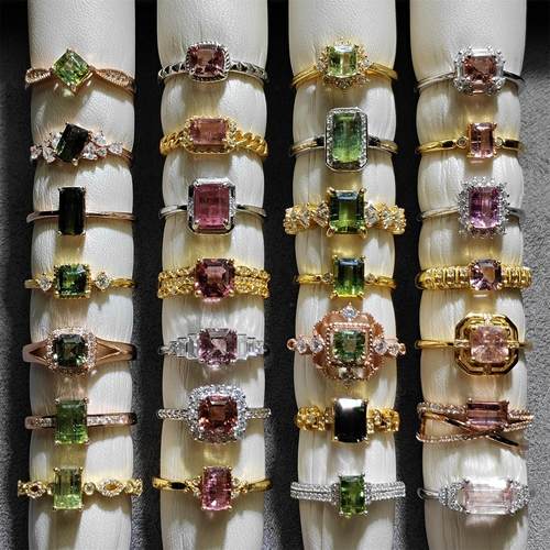 天然碧玺戒指粉碧玺绿碧玺阿斯切方形925银镶嵌戒指镶金净体火彩