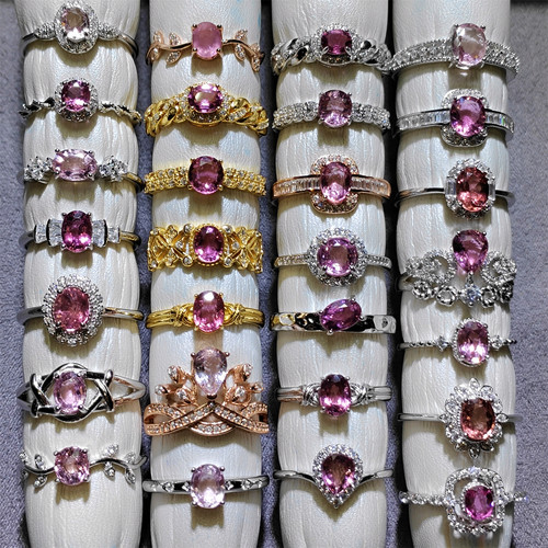 天然碧玺戒指樱花粉碧玺落日色碧玺925银镶嵌戒指镶金级净体火彩