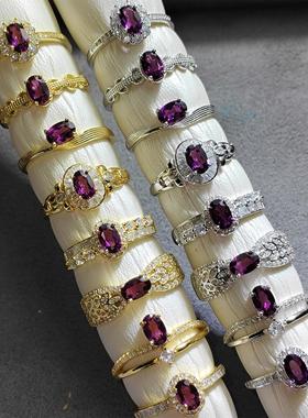 天然石榴石戒指子牙乌石榴石戒指925银镶嵌紫色宝石强火彩戒指女