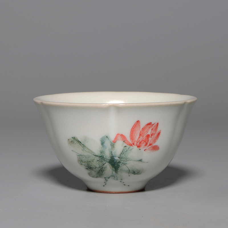 台湾张振昌手绘彩绘汝窑荷花茶杯