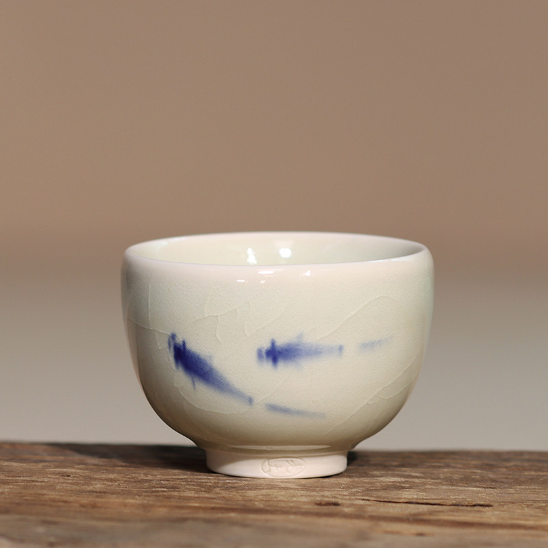 台湾李明松青瓷手绘青花游鱼铁锈釉绿釉茶杯个人杯品茗杯全手工