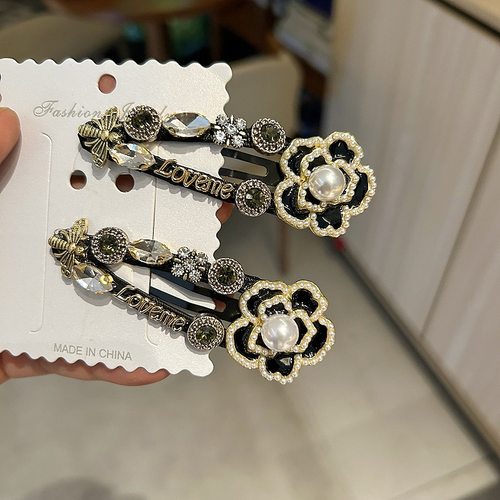 韩国复古山茶花重工发夹碎发侧边夹子BB夹精致珍珠小香风发夹批发