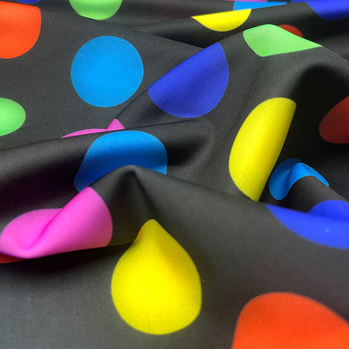 莱卡布数码印花黑底彩色圆球印花弹力布料四面弹泳衣内衣服装面料