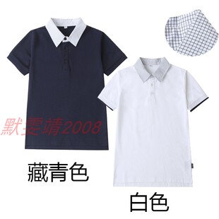 伊顿校服同款上衣男童女童夏季儿童藏青格子领短袖T恤半袖POLO衫