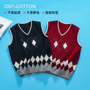 伊顿同款校服班服儿童马甲2021春秋款男女针织背心菱格马夹毛线衣