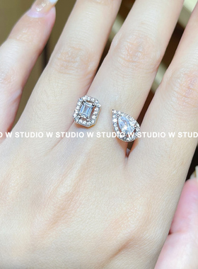 W STUDIO 小众ins冷淡风 925纯银镀金水滴钻双石开口戒指 百搭款