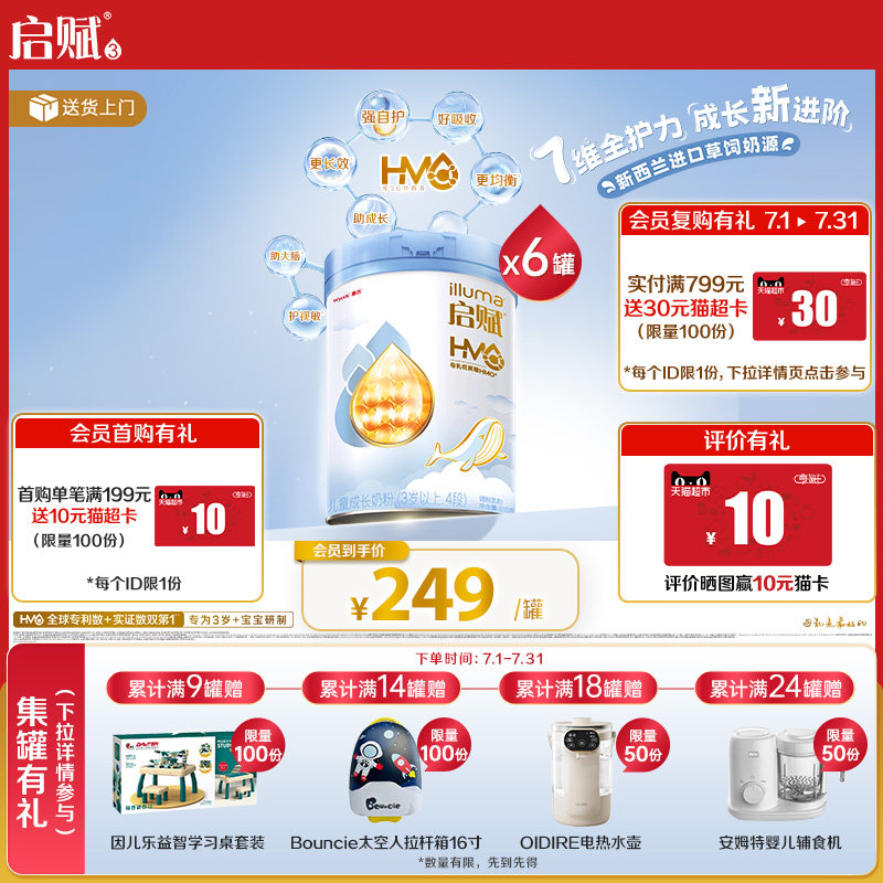 【官方正品】惠氏启赋蓝钻4段HMO营养儿童成长奶粉3岁以上810g6罐