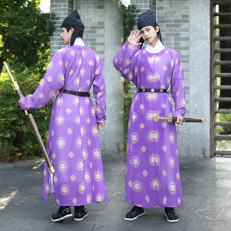 汉服男夏薄款唐圆领袍武侠风雪纺团花印花紫色书生中国风男女同款