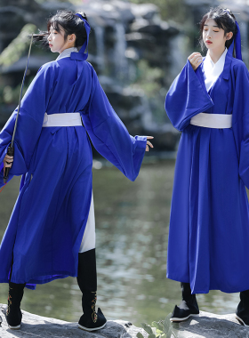 宋制汉服女秋武侠风侠客剑客纯色交领长衫蓝色中国风古风古装摄影