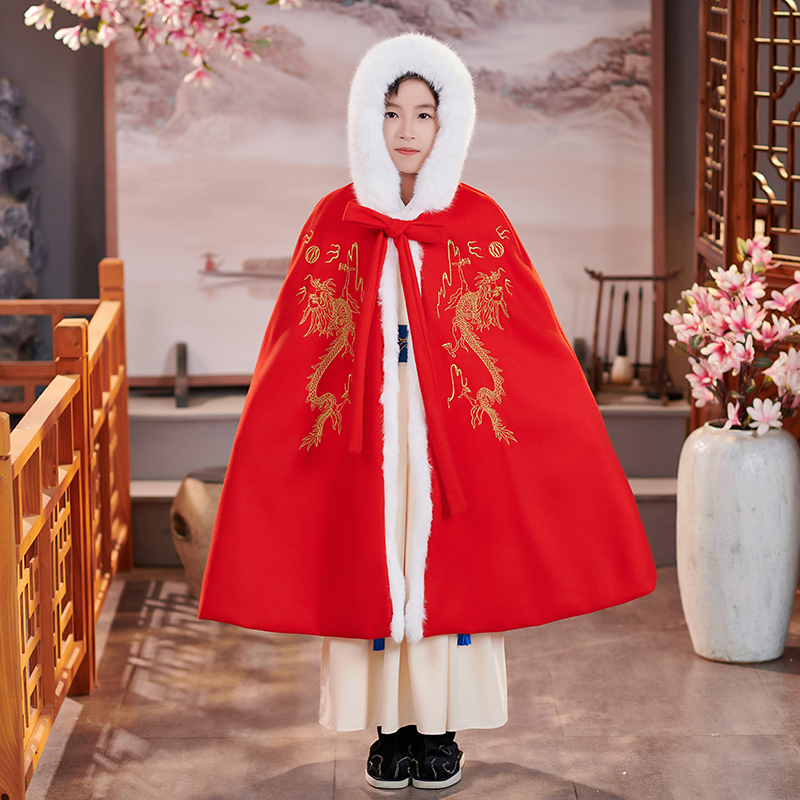 儿童汉服斗篷冬加绒男金龙戏珠红