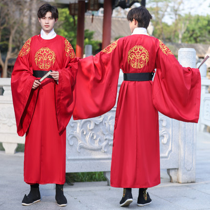 汉服男酒红色圆领袍唐朝官服复原古风长袍帅气霸气书生中国风侠客