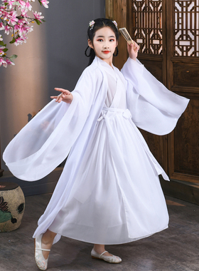 儿童汉服女童唐装演出服小龙女白娘子古装白色书童仙女古风中国风