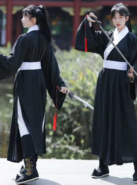 宋制汉服女秋武侠风黑色霸气侠客剑客纯色交领长衫中国风古装摄影