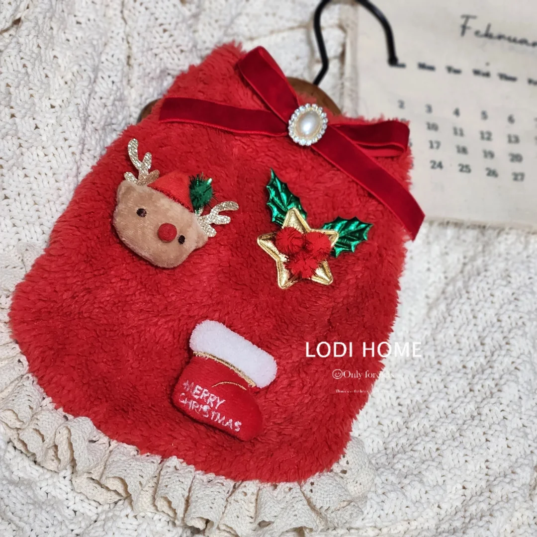 洛迪家比熊贵宾秋冬两脚毛绒蕾丝圣诞衣泰迪猫狗宠物小中型犬衣服