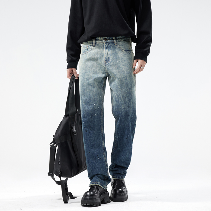 渐变色高街牛仔裤男重工水洗泼墨长裤2024新款美式秋季男士直筒裤