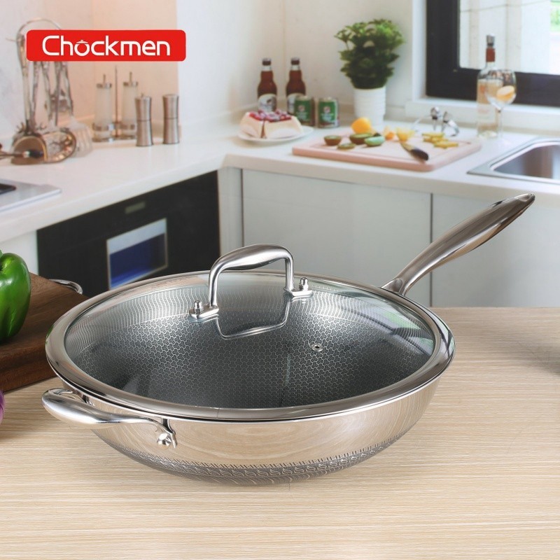 出口 316不锈钢炒锅32cm无油烟蜂窝 中式炒锅电磁炉通用 双耳36cm