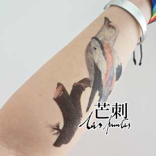 芒刺文身贴|蓝头佛法僧|手绘防水持久鸟纹身贴文艺小众风高级感