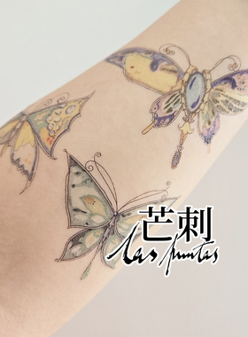 芒刺文身贴|三只蝴蝶|手绘防水彩色纹身贴小众风高级感昆虫Tattoo