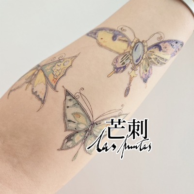 芒刺文身贴|三只蝴蝶|手绘防水彩色纹身贴小众风高级感昆虫Tattoo