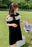 黑色设计感露肩连衣裙2025夏季新款韩版淑女宽松休闲减龄直筒裙子，女装连衣裙，2C339