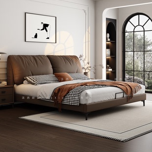 意式极简大象耳朵头层牛皮真皮床轻奢现代主卧室婚床家用皮艺大床