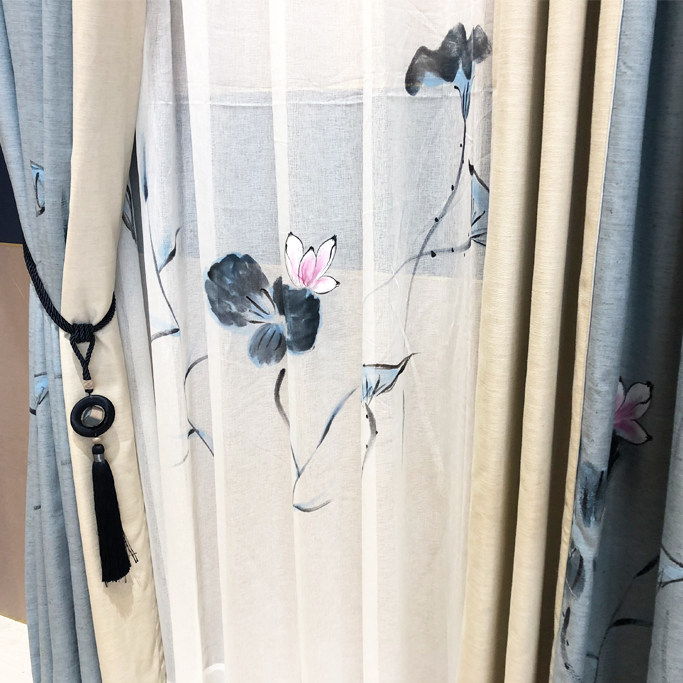 中式中国风禅意佛系手绘窗帘窗纱莲花荷花高档棉麻卧室客厅茶室