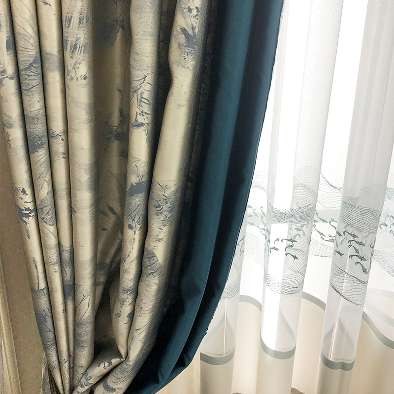 新中式高档窗帘刺绣窗纱水墨画荷花中国风拼接客厅遮光客厅遮光