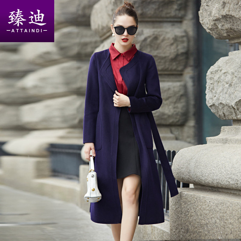 正品清仓拼接领圆领系腰带双面呢大衣女毛呢外套长款过膝简约设计