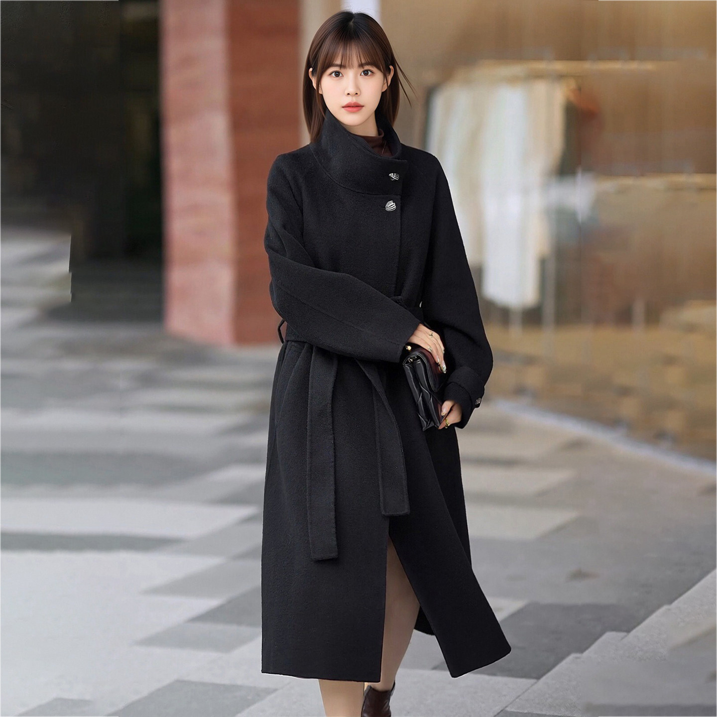黑色显瘦气质简约立翻领双面呢羊毛大衣女长款新款秋冬厚长毛