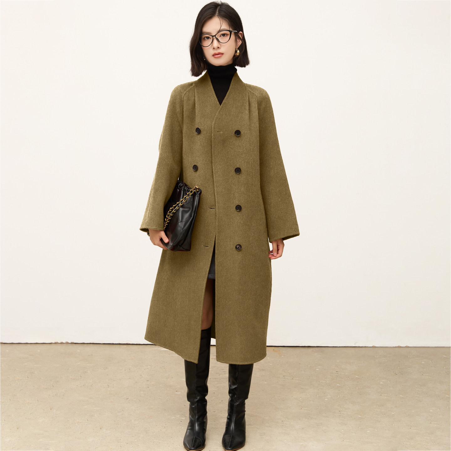 女双排扣阔版秋冬新款宽松长款复古双面羊毛呢大衣外套