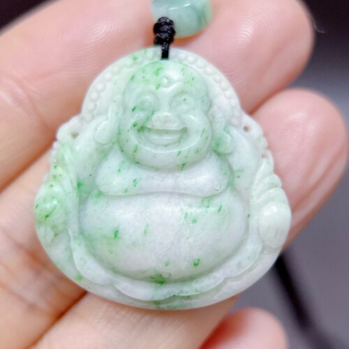 可言坊天然真南阳翡翠独山玉石佩白底翠绿花笑弥勒佛公项链挂坠件