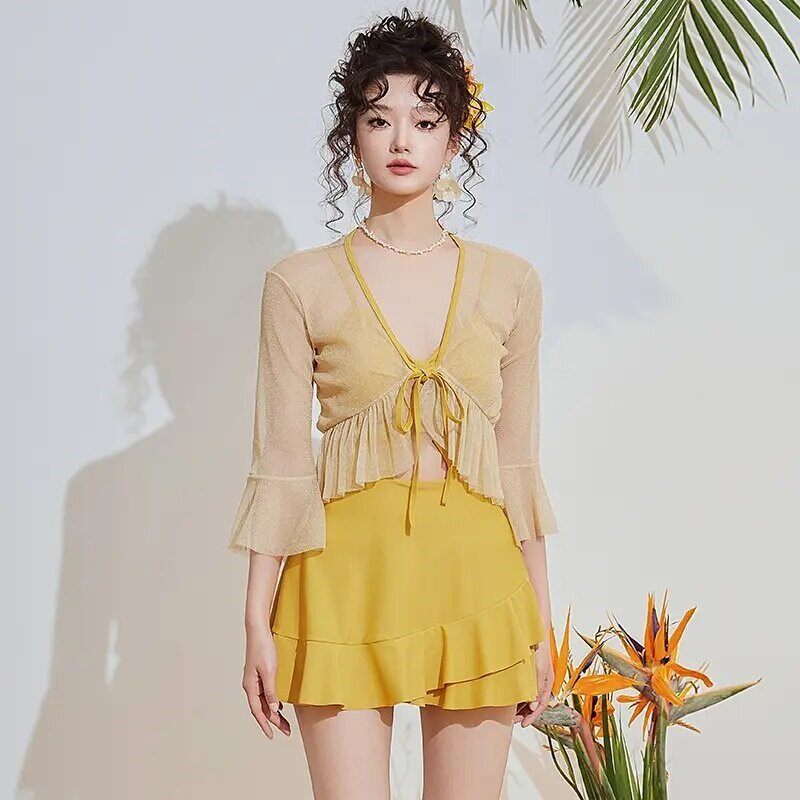 泳衣女款泡温泉罩衫连体平角裙式小胸泳衣女保守显瘦遮肚时尚泳装