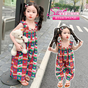 连体裤 夏季 洋气百塔女宝宝吊带休闲裤 新款 女童2024甜美爱心背带裤