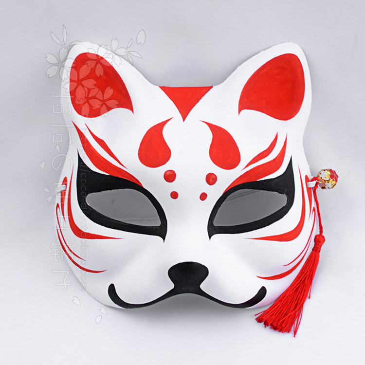 手工定制手绘狐狸猫面具古风表演动漫cosplay舞会红黑色流苏铃铛