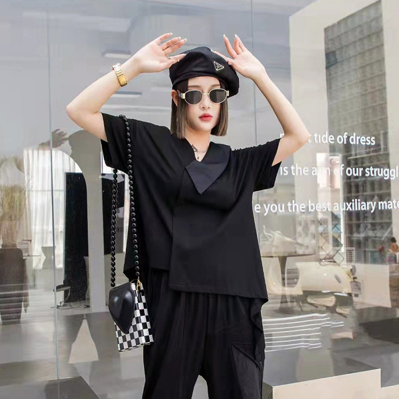 暗黑系山本风冷淡女夏装ins不对称翻领拼接不规则下摆燕尾短袖t恤