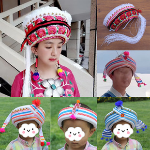 云南大理白族绣花帽男女情侣风花雪月白族大帽子儿童成人同款白族