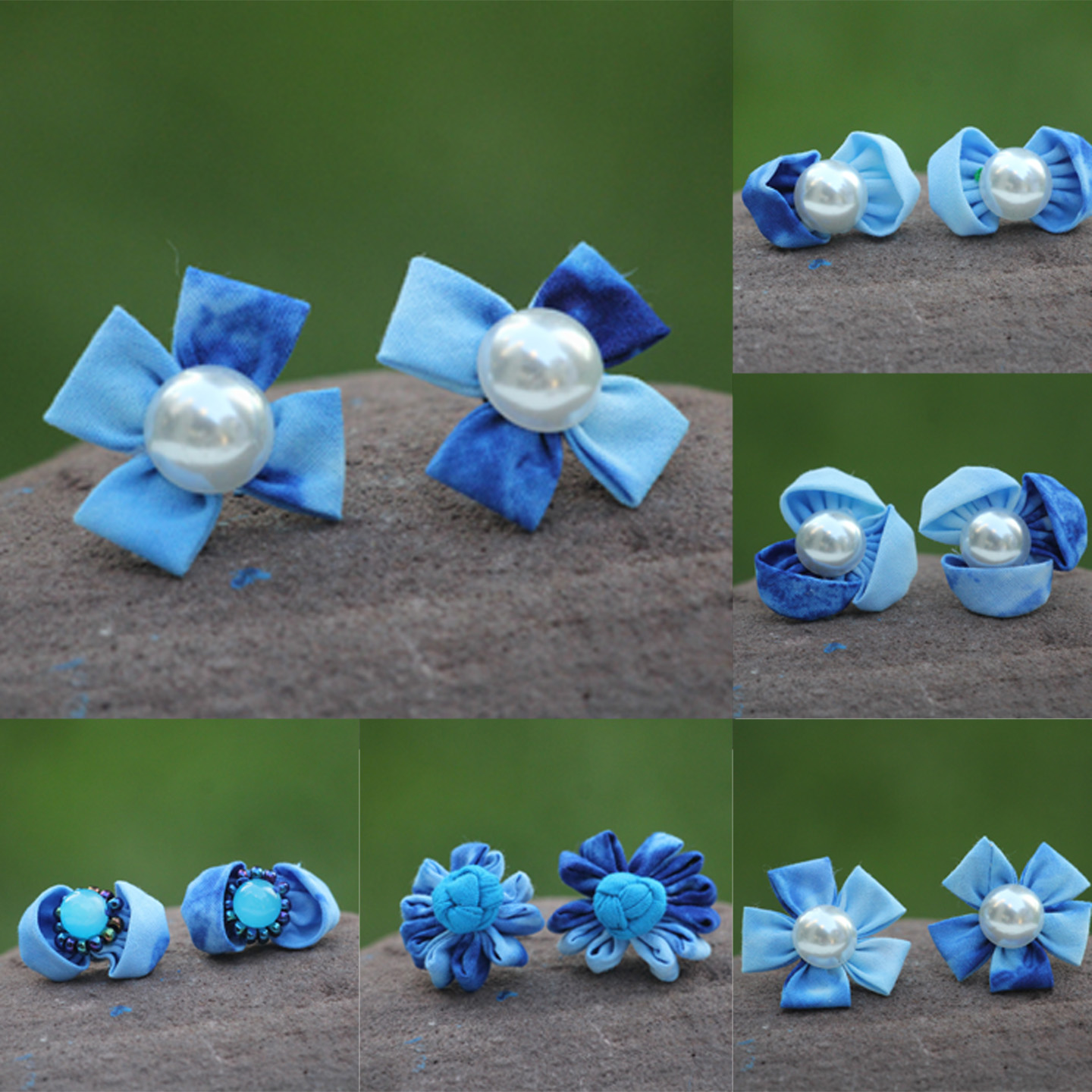 云南民族风扎染蓝染布艺花朵耳钉