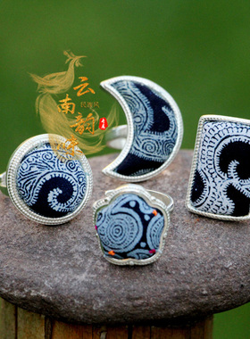 贵州民族风手工苗银蜡染女款戒指