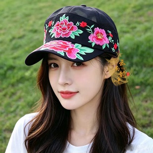 云南民族风刺绣牡丹棒球帽女 夏季透气网纱遮阳帽出游防晒鸭舌帽