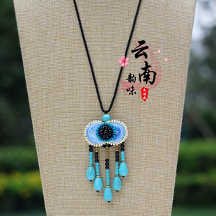 民族风蓝色扎染项链中国风挂饰长款百搭配饰文艺气质布艺毛衣链子