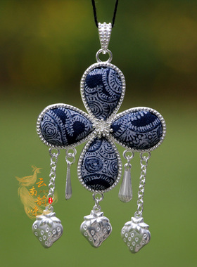 民族风复古苗银手绘蜡染蓝染项链