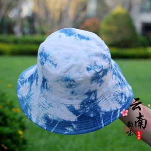 古法蓝染渔夫帽青少年男女云南特色手工扎染遮阳帽百搭纯棉透气帽