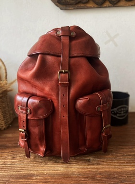 RRL二代伞兵双肩包男士抽绳牛皮休闲复古手工电脑背包旅行包