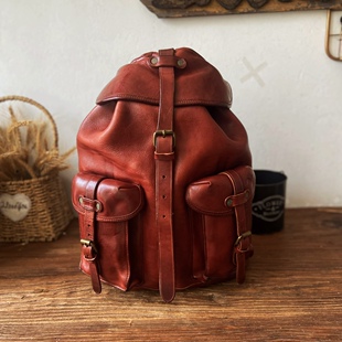 RRL二代伞兵双肩包男士 抽绳牛皮休闲复古手工电脑背包旅行包
