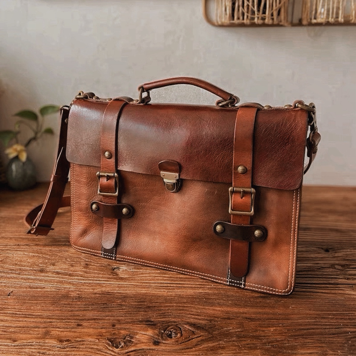 非Campomaggi男士手提公文包复古牛皮电脑包休闲商务单肩斜挎包