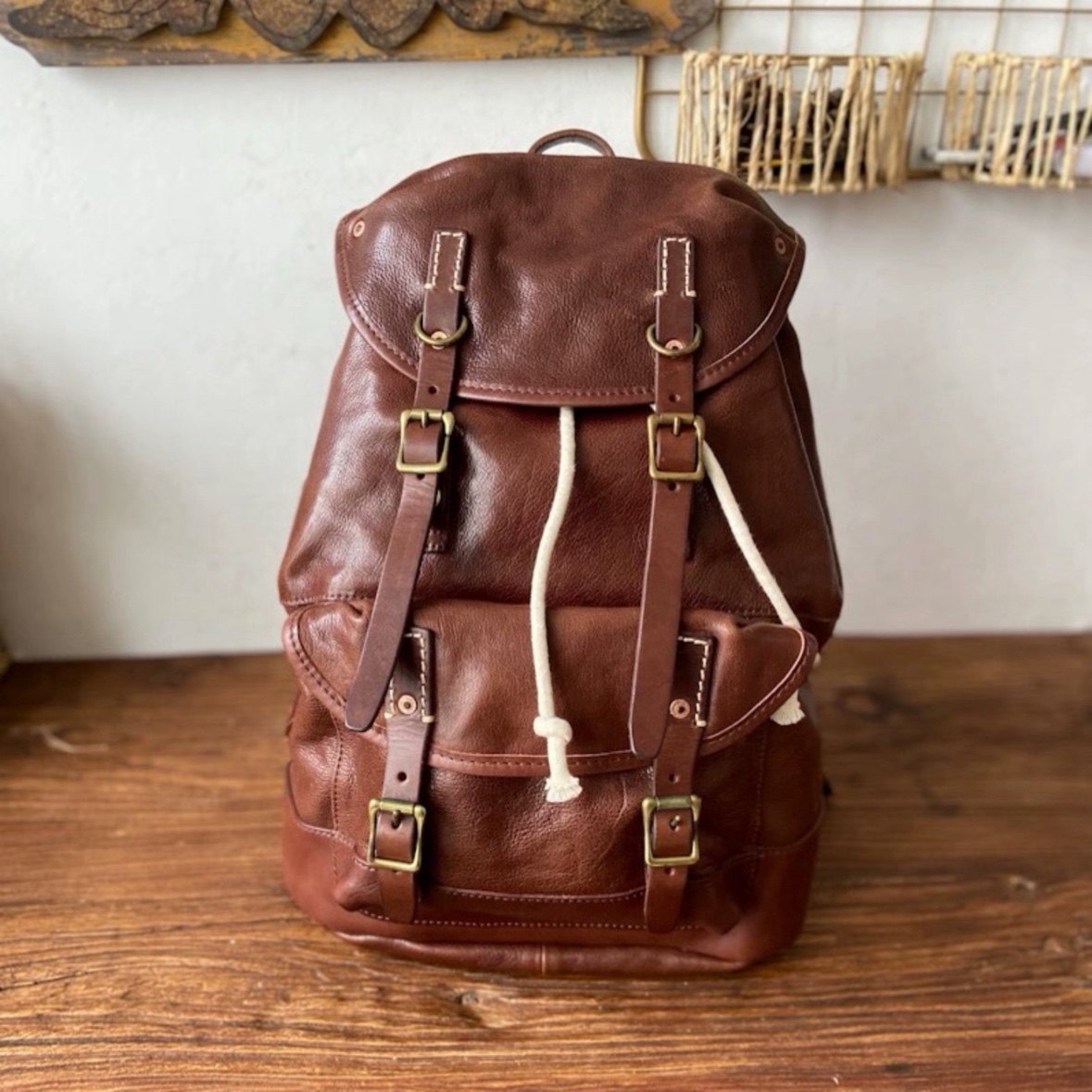 瑞士胡椒盐男士背包牛皮休闲双肩包复古手工抽绳大容量书包电脑包