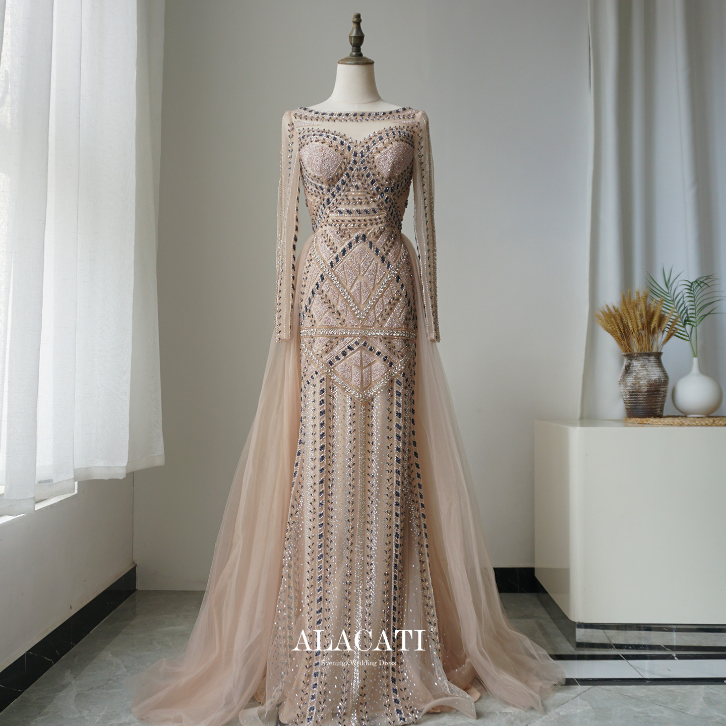 Alacati 外贸高端奢华高腰显瘦长袖鱼尾拖尾优雅晚礼服晚宴名媛风